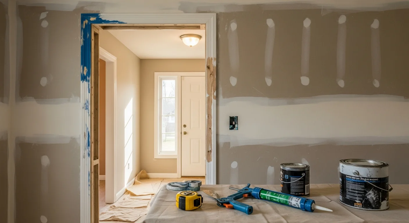 Handyman installing door trim in a residential home