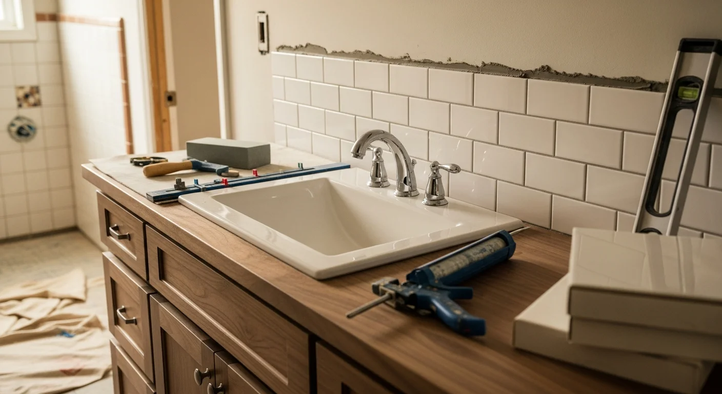 A fully remodeled bathroom in a Centerville, Ohio single-family home, featuring a walk-in tile shower, updated double vanity, and new flooring. The space replaces an original builder-grade layout with a clean, functional design suited to everyday use.