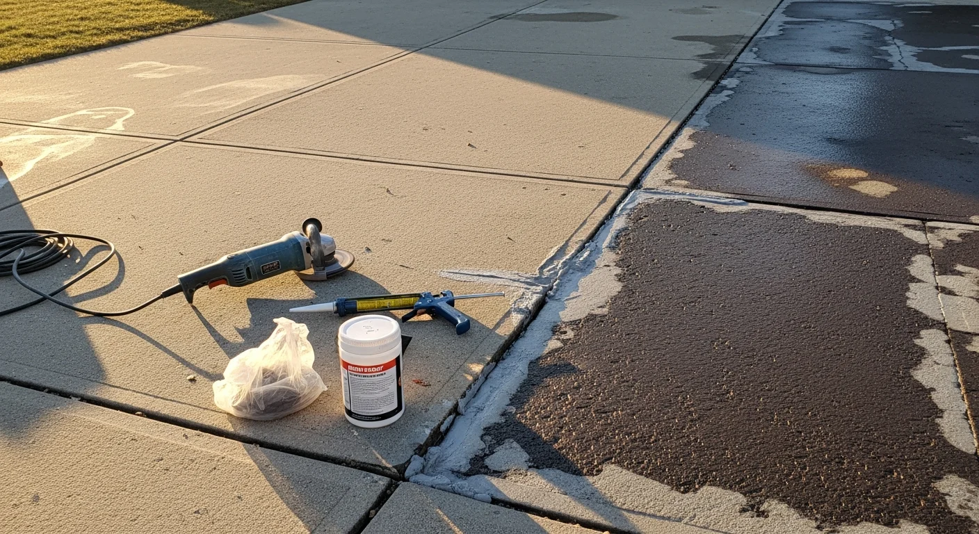 A repaired residential concrete driveway in Centerville, Ohio showing a smooth, sealed surface with no visible cracks or spalling. Close-up view of the patched area blending with the surrounding slab after professional concrete repair work.