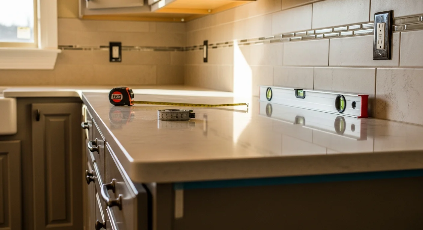 Newly installed stone countertop in a Centerville kitchen with clean seams along white cabinets and a stainless steel undermount sink. MBS Homes LLC countertop installation project in a residential home in Centerville.