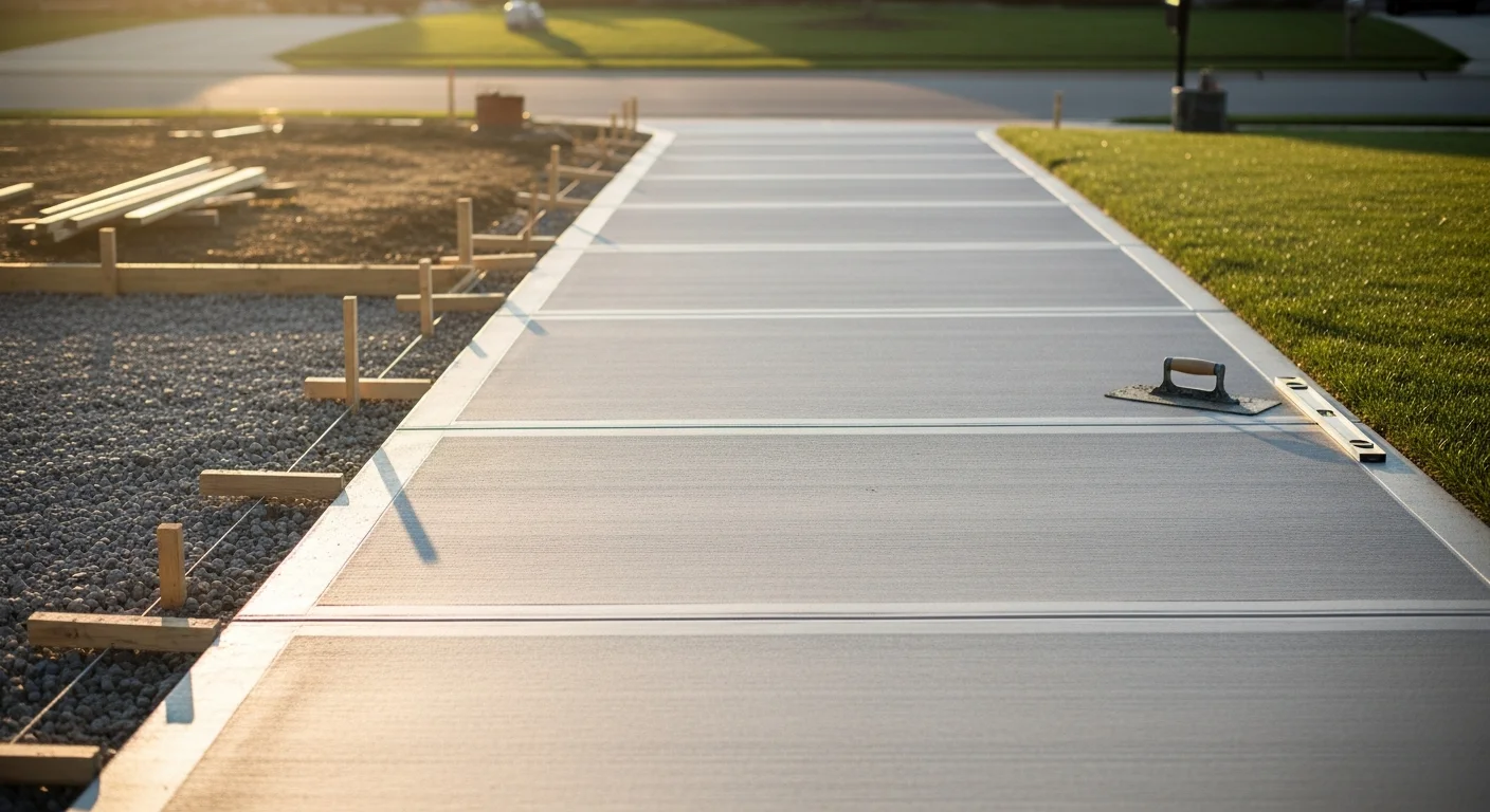 Freshly poured and finished concrete driveway at a residential property in Centerville, showing smooth surface texture, clean edges, and proper slope away from the garage. MBS Homes LLC concrete driveway installation.