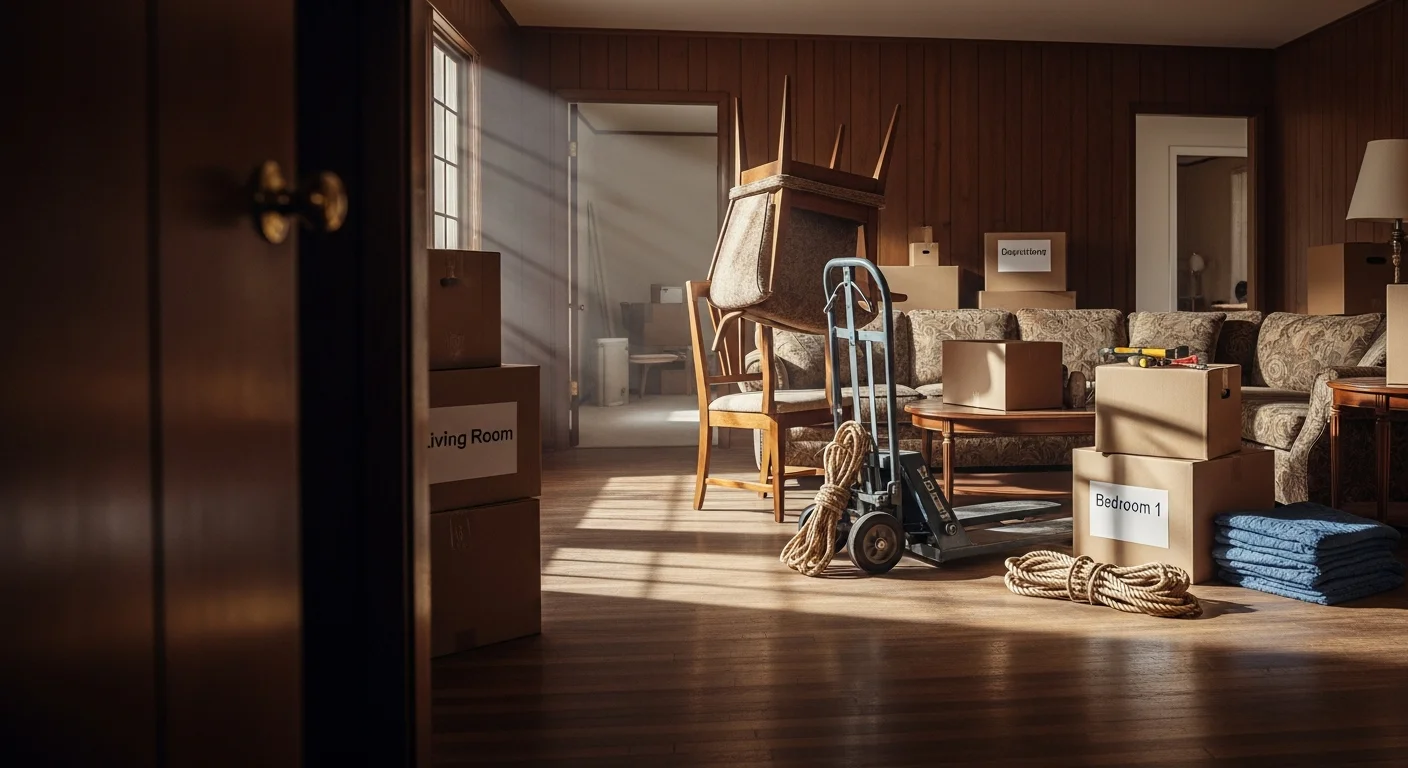 A cleared single-family home interior in Centerville, Ohio after a full estate cleanout, with empty rooms and no remaining furniture or debris. MBS Homes LLC crew equipment visible near the front entry of an older ranch-style property.