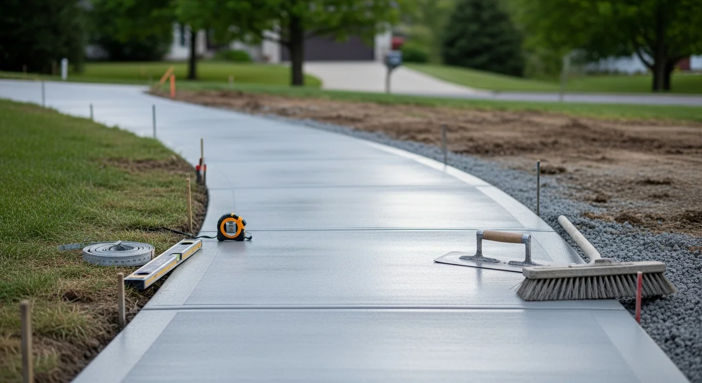 Freshly poured and finished concrete sidewalk in front of a residential property in Centerville, Ohio. The surface is smooth and level with visible control joints and clean edges along the lawn border.